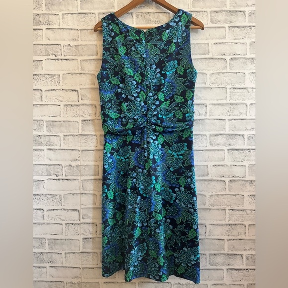 Women’s Talbots sleeveless v-neck mini blue/green peacock feather floral dress 8 - Picture 3 of 5